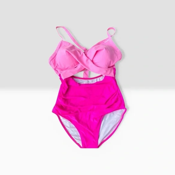 Eomenie Pink Neon Cutout One Piece Swimsuit Halter Tie Back M - Picture 2 of 5